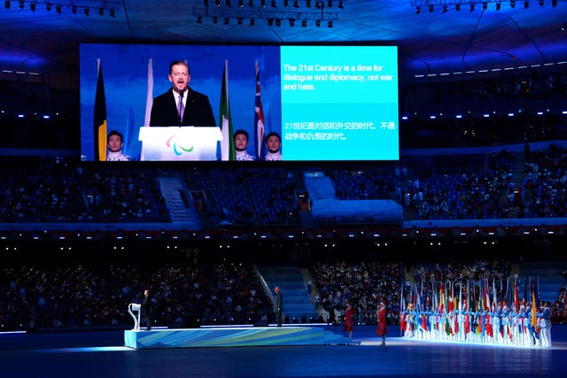 Andrew Parsons, president of the International Paralympic Committee, speaking at the opening ceremony of the Beijing 2022 Winter Paralympic Games