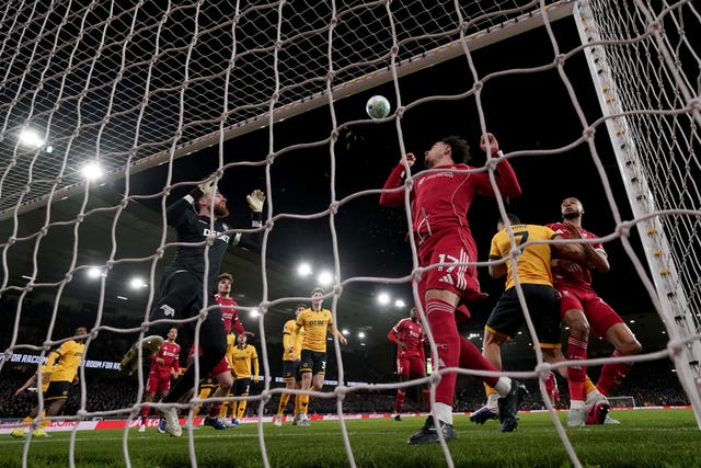 Liverpool’s Curtis Jones misses from almost on the goal line against Wolves