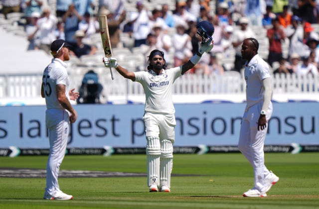 India’s KL Rahul celebrates reaching his century at Lord's