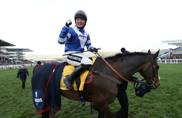 Bryony Frost with Frodon after their victory in the Ryanair Chase