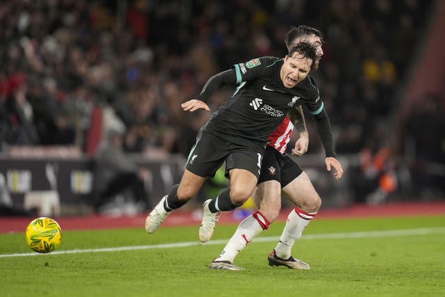 Liverpool’s Federico Chiesa is tackled by Southampton’s Ryan Manning