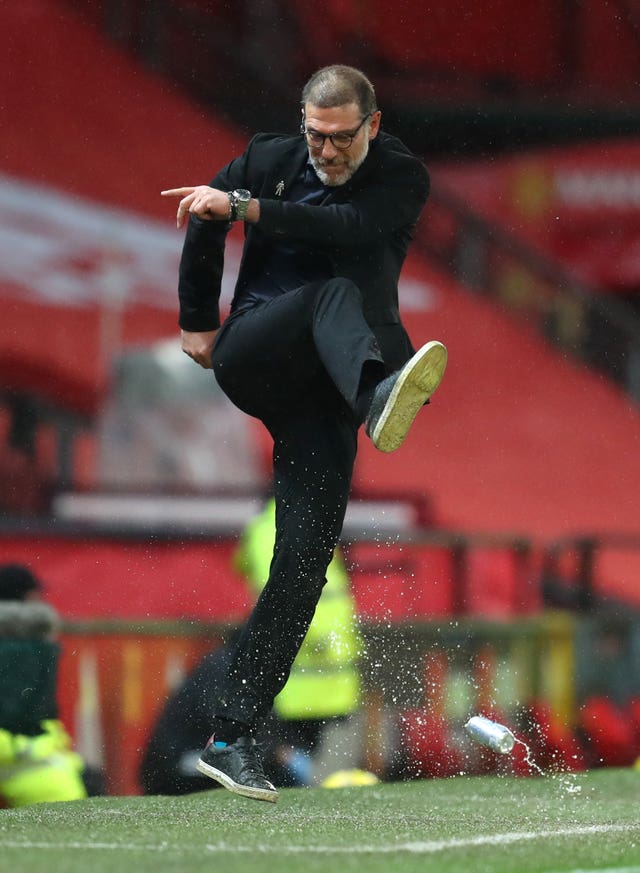 West Bromwich Albion manager Slaven Bilic kicks a can in frustration at Old Trafford