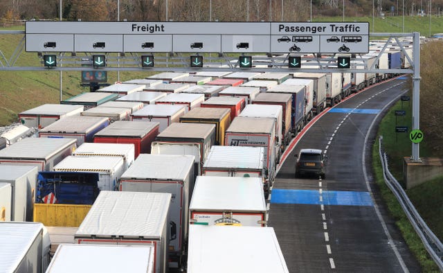 Freight lorries queue at the Eurotunnel site in Folkestone, Kent, as the clock ticks down on the chance for the UK to strike a deal before the end of the Brexit transition period on December 31