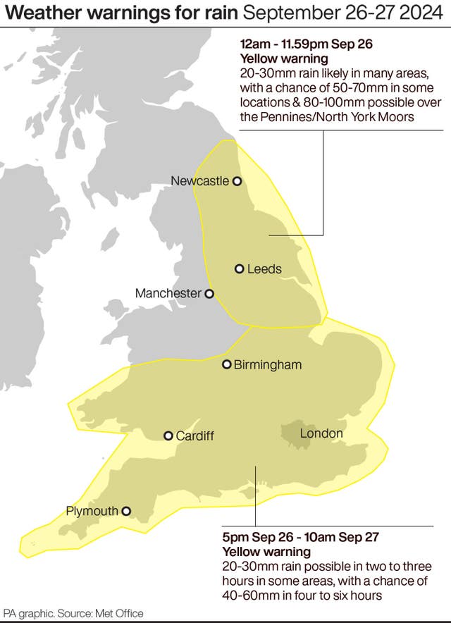 Map showing area highlighted in yellow which is subject to weather warnings for rain