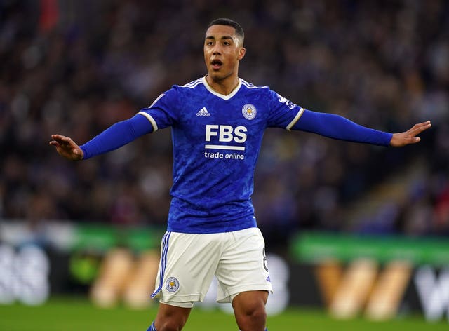 Leicester City’s Youri Tielemans extends both arms during a game.