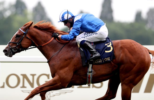 Mohaafeth in winning action at Royal Ascot 