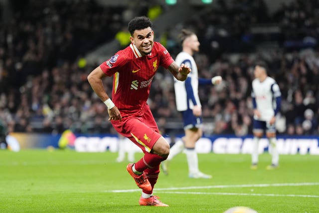 Liverpool’s Luis Diaz celebrates scoring their sixth goal at Tottenham