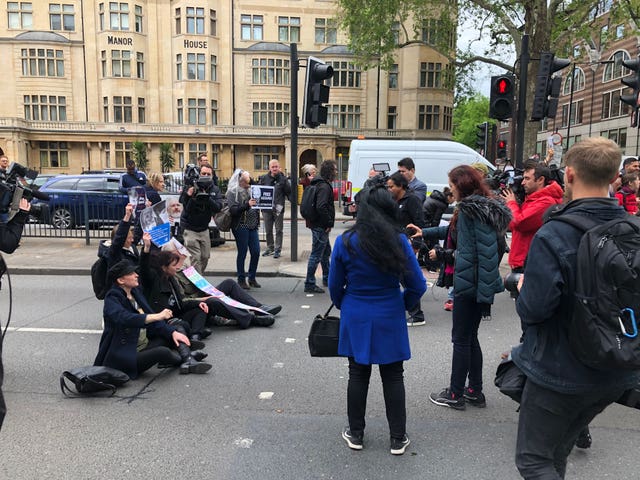 Protesters gather outside Westminster Magistrates’ Court 