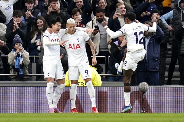 Son Heung-min (left) celebrates his side's second goal 