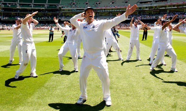 Graeme Swann leads England's cricket team in performing the 'sprinkler' dance after retaining the Ashes in December 2010. The tourists won the fourth Test at Melbourne Cricket Ground by an innings and 157 runs to take a 2-1 lead and keep their hands on the urn, before sealing a 3-1 success in Sydney in early 2011