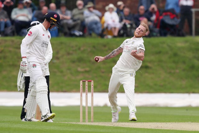 Durham’s Ben Stokes (right) bowling on day one of the Vitality County Championship match against Lancashire at Stanley Park, Blackpool