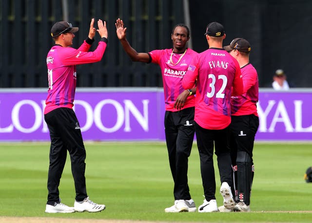 Sussex bowler Jofra Archer, second left, is a contender for a World Cup place with England