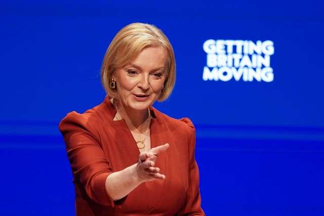 Prime Minister Liz Truss delivers her keynote speech at the Conservative Party annual conference at the International Convention Centre in Birmingham