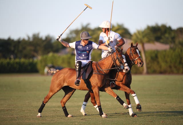 The Duke of Sussex playing in the polo match during the Royal Salute Polo Challenge 