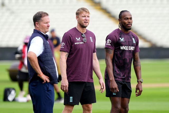 Rob Key (left), Andrew Flintoff (centre) and Jofra Archer (right) at England nets.