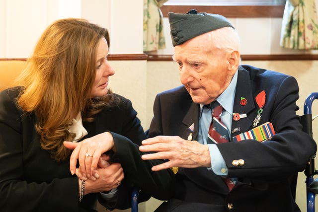 D-Day veteran Bernard Morgan, 98, with Education Secretary Gillian Keegan 
