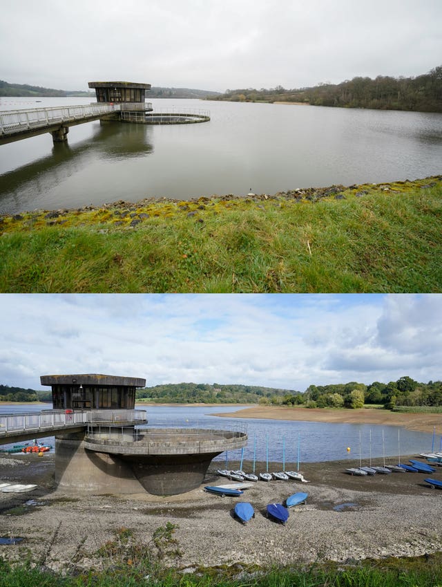 Composite of photos showing Ardingly Reservoir in West Sussex in late March after the recent wet weather throughout March, and in late September 2022 when a hosepipe ban was in place (Andrew Matthews/Gareth Fuller/PA) 