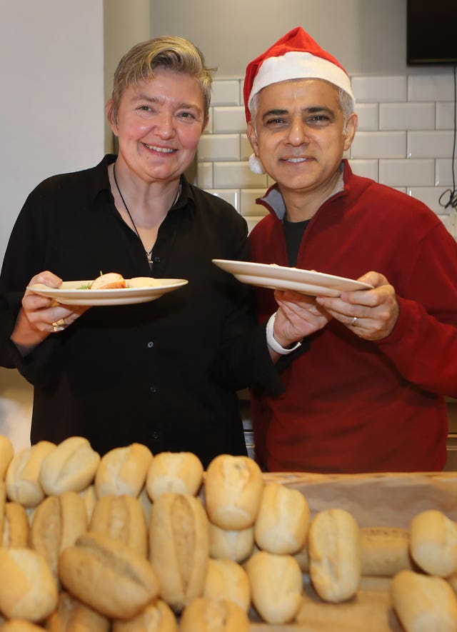 Sadiq Khan serves lunch with St Mungo’s director of rough sleeping services Petra Salva