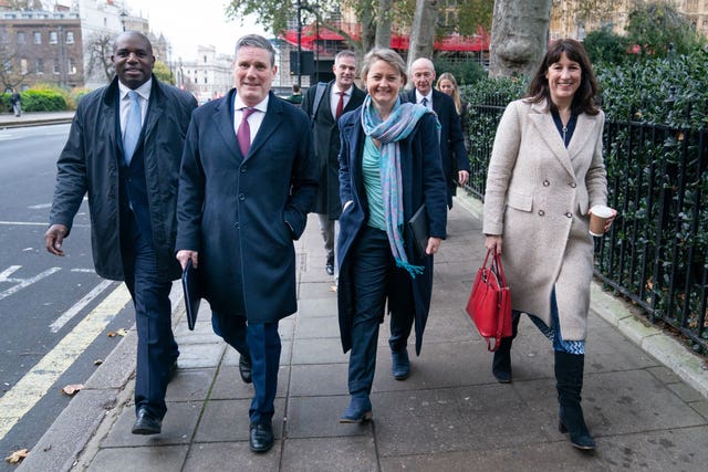 Labour leader, Keir Starmer (2nd from left) walks down the street with David Lammy (far left) Shadow Foreign secretary, Yvette Cooper (3rd from left) shadow Home Secretary and Rachel Reeves (far right) shadow Chancellor of the Exchequer.