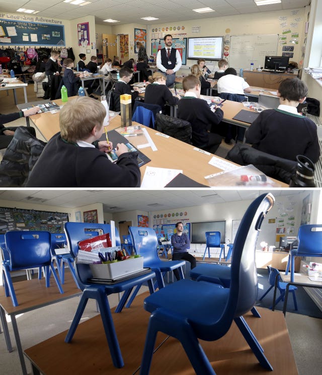 Composite of photos of Simon Cotterill, Head Teacher of Manor Park School and Nursery in Knutsford Cheshire, on 22/03/21 (top) and the same view on 24/03/20 (bottom), the day after Prime Minister Boris Johnson put the UK in lockdown