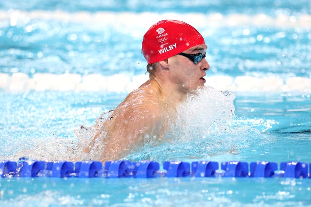 James Wilby in action in the men's 4x100 metres medley relay at the Paris Olympics