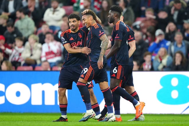 Nottingham Forest’s Morgan Gibbs-White (left) celebrates scoring 