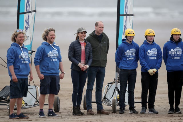 William and Kate go sailing in land yachts on West Sands beach in