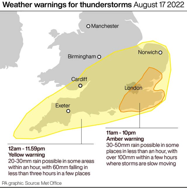 Weather warnings for thunderstorms August 17 2022