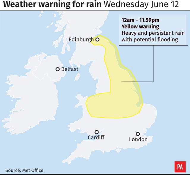 Weather warning for rain Wednesday June 12