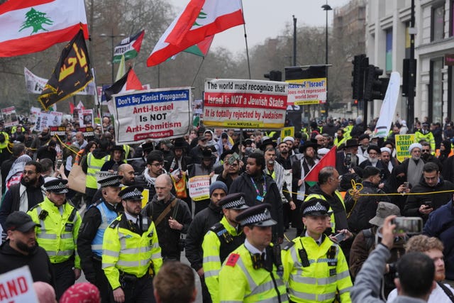 People take part in a pro-Palestine march organised by Al Quds group in central London (Jonathan Brady/PA)