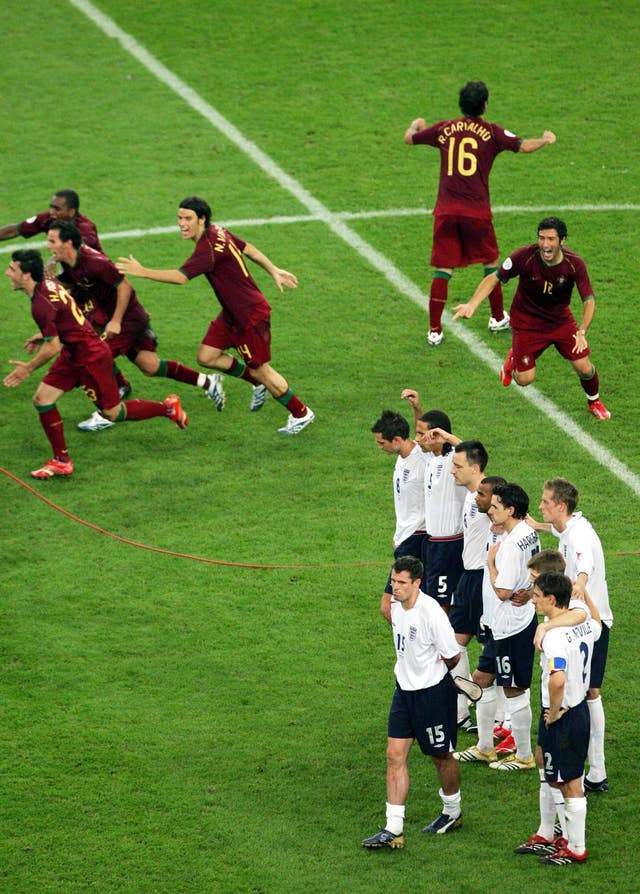 Portugal players celebrate their shoot-out win over England in 2006