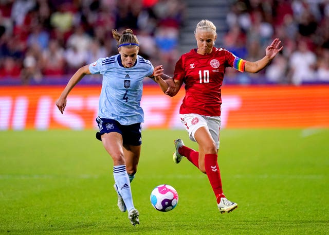 Danish Pernille Harder (right) failed to find a way through Spanish defense