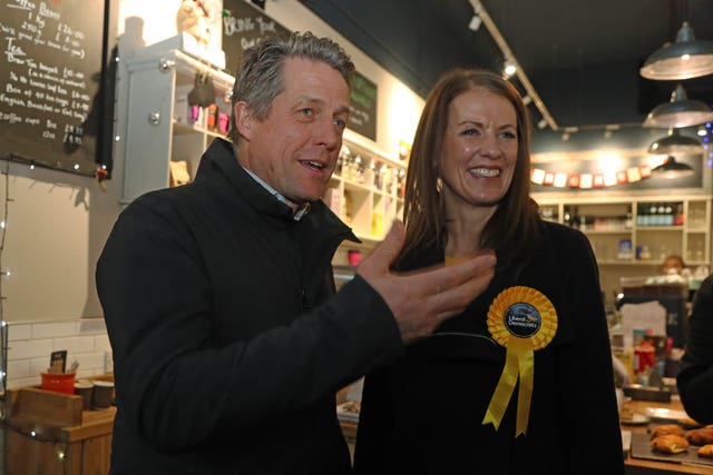 Hugh Grant canvassing in Walton-on-Thames in the Esher & Walton constituency, with Lib Dem candidate Monica Harding