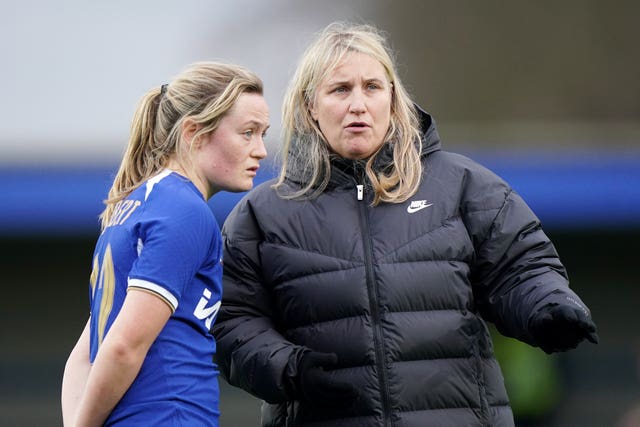 Cuthbert with Chelsea manager Emma Hayes (Bradley Collyer/PA)