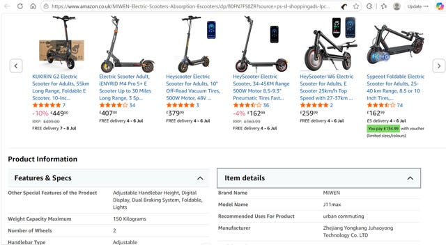Screengrab taken from Amazon website of electric scooters for sale