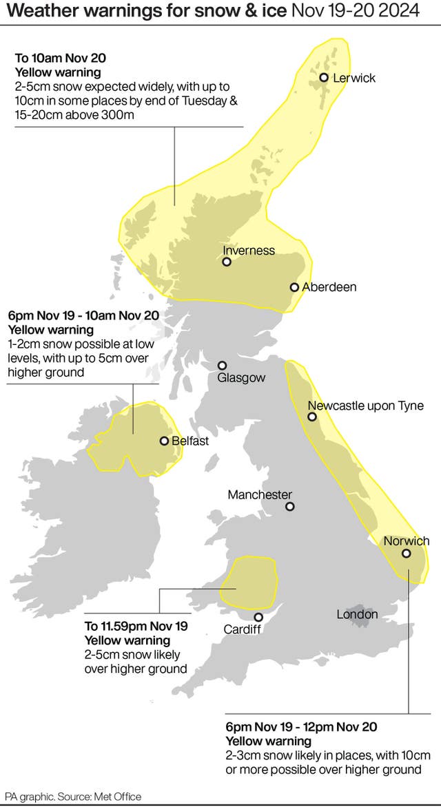 A PA graphic showing weather warnings for November 19 and 20