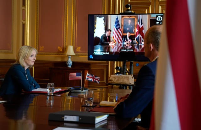 International Trade Secretary Liz Truss and the US trade representative Robert Lighthizer (on screen) as they formally begin the UK-US trade talks (Andrew Parsons/10 Downing Street/PA)