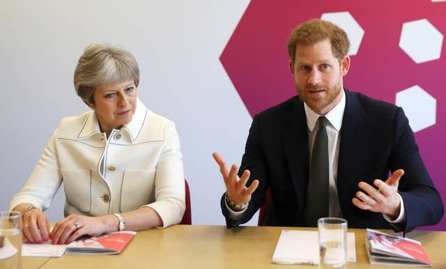 Prince Harry and Theresa May at the Commonwealth Youth Forum (Simon Dawson/PA)