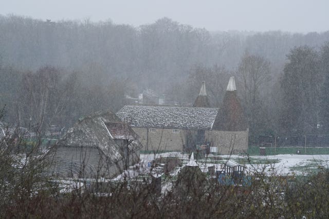 Snow falls on buidlings near Maidstone in Kent