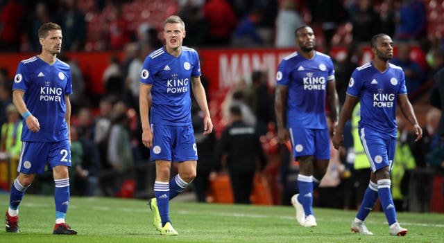 Jamie Vardy, second left, scored at Old Trafford