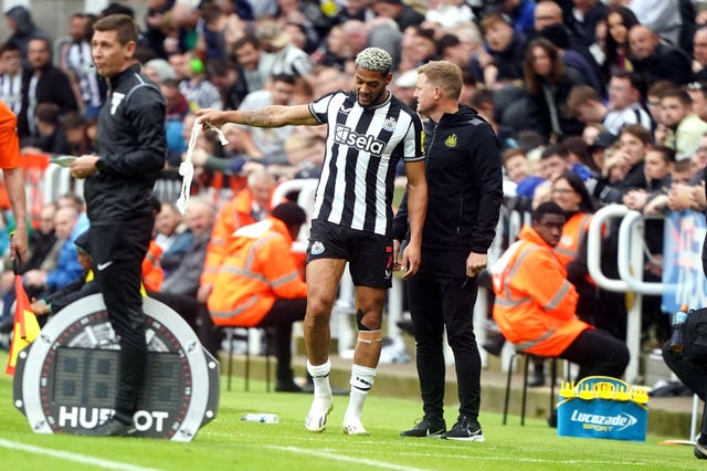 Joelinton (centre) limped off just minutes after being introduced as a substitute