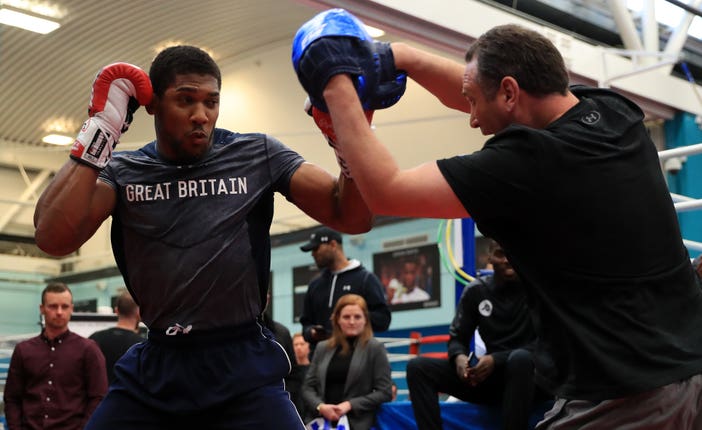 Anthony Joshua spas with trainer Rob McCracken in Sheffield
