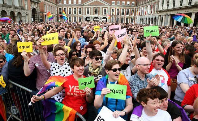 People gathered at Dublin Castle to celebrate the legalisation of same-sex marriage