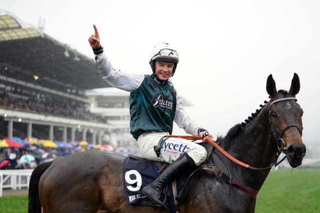 Charlie Deutsch celebrates with L'Homme Presse at Cheltenham