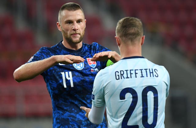 Slovakia’s Milan Skriniar (left) and Scotland’s Leigh Griffiths shake hands after the final whistle during the UEFA Nations League Group 2, League B match at City Arena, Trnava, Slovakia
