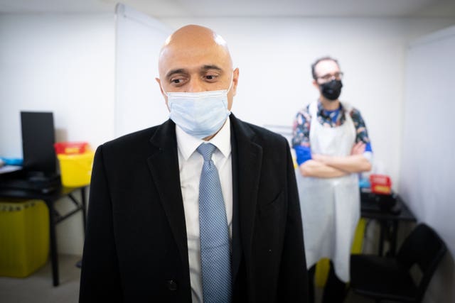 Health Secretary Sajid Javid during a visit to the Medicine Chest pharmacy on King’s Road, south west London (Stefan Rousseau/PA)