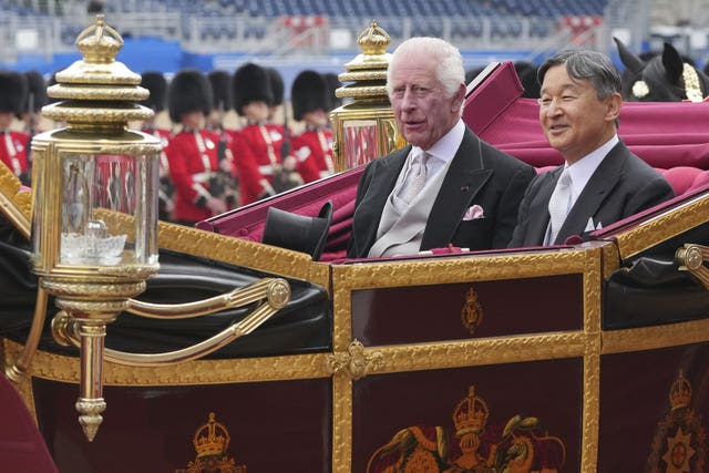 The King and Emperor Naruhito leave Horse Guards Parade, London, in a carriage procession to Buckingham Palace, 