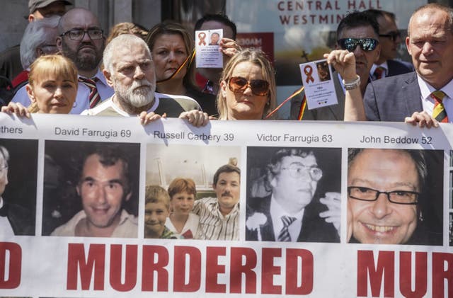 Victims and campaigners outside Central Hall in Westminster, after the publication of the Infected Blood Inquiry report