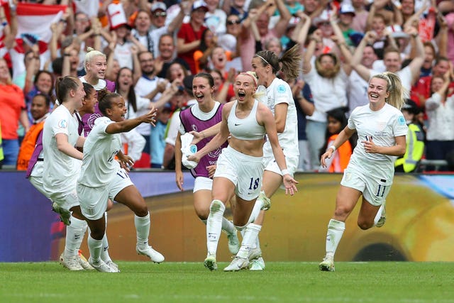 England’s Chloe Kelly celebrates scoring their side’s second goal of the game during the UEFA Women’s Euro 2022 final