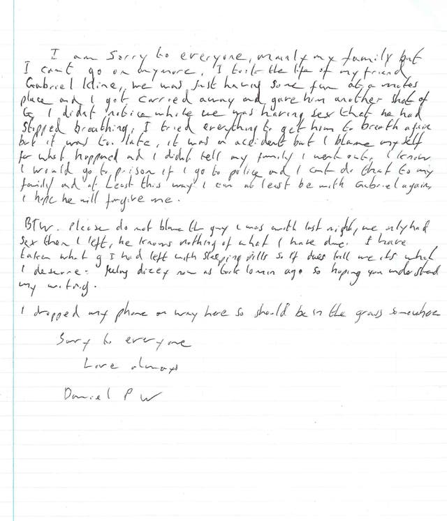 The fake suicide note written by Port and planted on Mr Whitworth's body